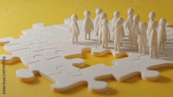 Fototapeta A group of white figurines stands on a puzzle piece against a yellow background.