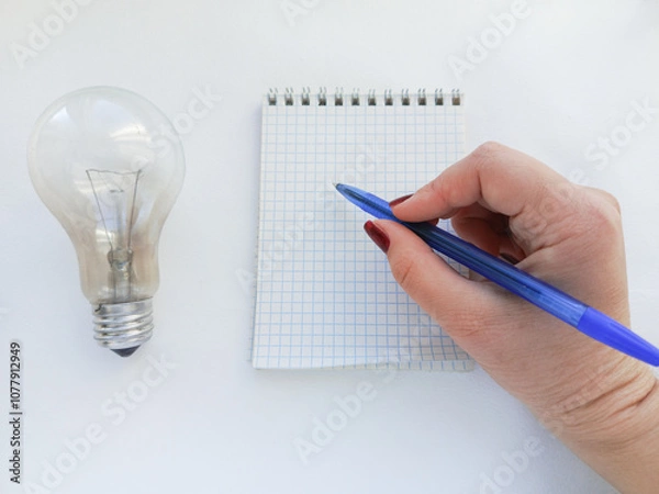 Fototapeta An incandescent lamp is lying on a white table, a woman's hand is writing with a pen in a notebook. Payment for utilities . The bill for electricity consumption.
