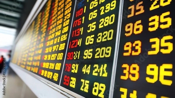 Fototapeta Digital Financial Market Data Displayed on Electronic Screen with Various Numeric Values and Charts for Real-Time Analysis of Trading Performance