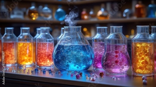 Fototapeta Colorful laboratory flasks with bubbling liquids, suggesting experiments.
