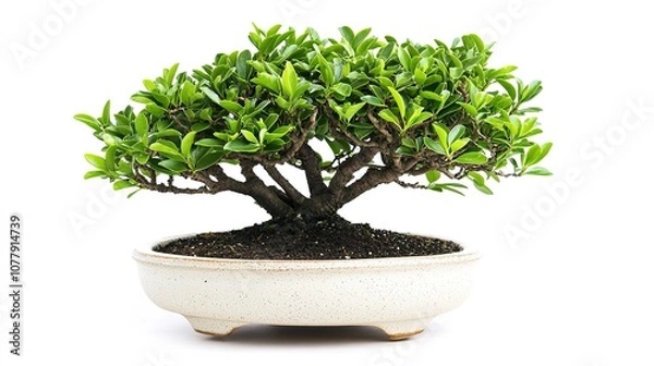 Fototapeta A bonsai tree in a small pot, detailed branches and foliage against a clean white background