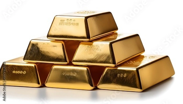 Fototapeta Golden ingots, symbols of wealth and financial success, stacked high on a pristine white background