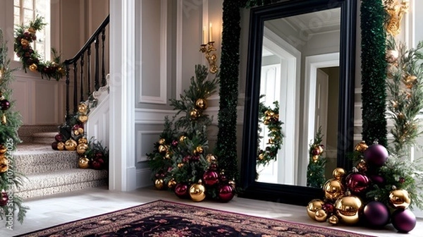 Fototapeta Christmas decorations on a grand staircase, with a large mirror reflecting the elegant hallway.