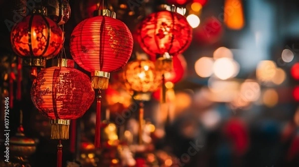 Obraz Red paper lanterns with intricate designs hang in a market stall, creating a warm and festive atmosphere.