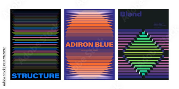Obraz Modern aesthetics of graphic design poster collection layout. bold typography and abstract geometric shapes lines. 3d shape motion blend bigger and bigger structures. cover front y2k colorful gradient