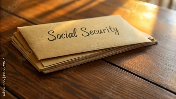 Fototapeta An envelope labeled Social Security placed on a wooden table, privacy and financial security.