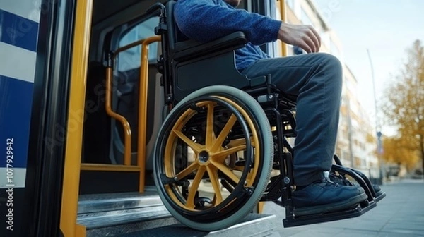Fototapeta Man in Wheelchair Entering a Bus