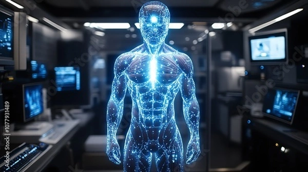 Fototapeta Digital representation of a human body within a high-tech environment.