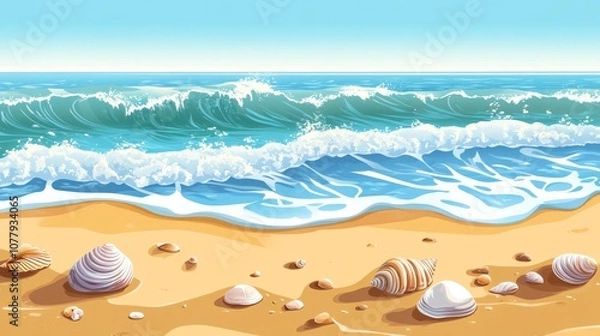 Fototapeta soft waves lapping against a sandy beach with seashells and pebbles scattered around