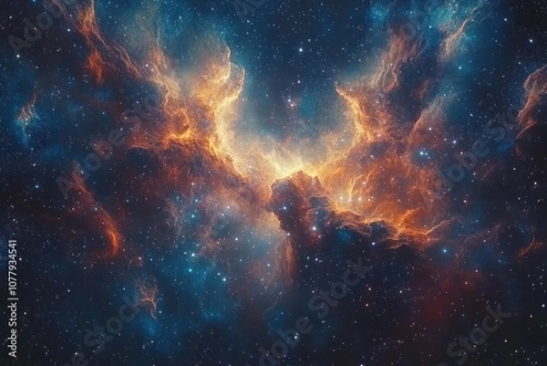 Fototapeta A vibrant nebula of orange and blue gas clouds with sparkling stars, a stunning representation of the beauty and vastness of the cosmos.