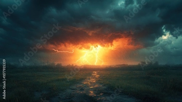 Obraz Dramatic lightning storm over a field with a path leading towards the storm.