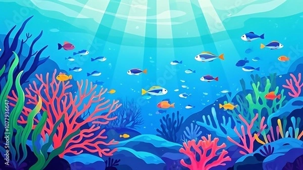 Obraz A vibrant coral reef under the sea - A vector-style underwater scene with bright coral reefs, seaweed, and schools of stylized fish swimming, set in a tranquil blue ocean with light rays filtering thr