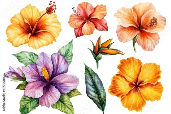 Fototapeta Watercolor illustration of tropical flowers including hibiscus and bird of paradise.