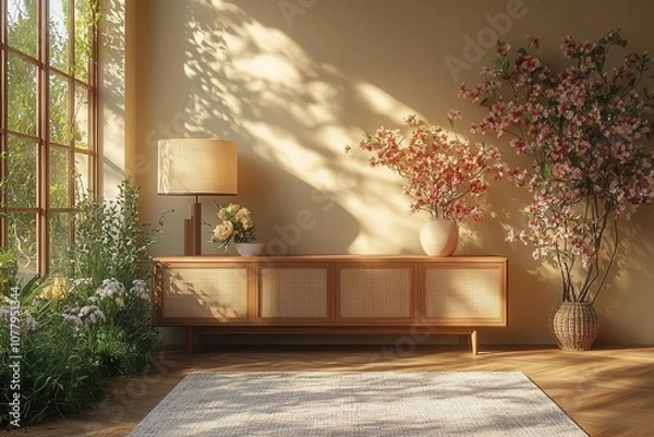 Fototapeta stylish mockup of a modern living room interior featuring a sleek tv cabinet decorative lamp plants and flowers that create a harmonious and contemporary atmosphere