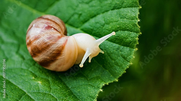 Obraz Large land snail Achatina achatina, pest issues, two snails sitting on large green leaf outside in summer