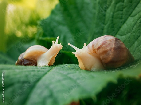 Obraz Large land snail Achatina achatina, pest issues, two snails sitting on large green leaf outside in summer