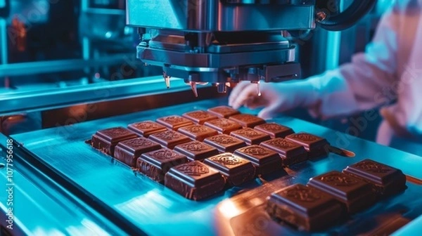 Obraz Automated gourmet chocolate production in high-tech kitchen, emphasizing precision, innovation in chocolate and food automation.