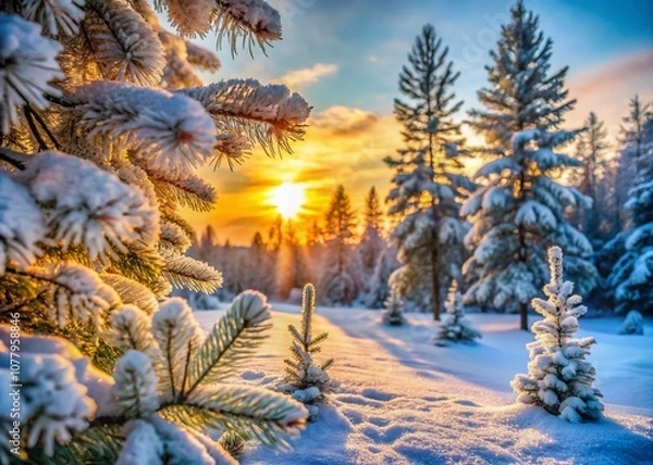 Fototapeta Frosty Winter Wonderland: A Serene Snowy Forest Landscape Embraced by Christmas Cheer, Capturing the Magic of the Season with Majestic Pine Trees and Sparkling Snowflakes