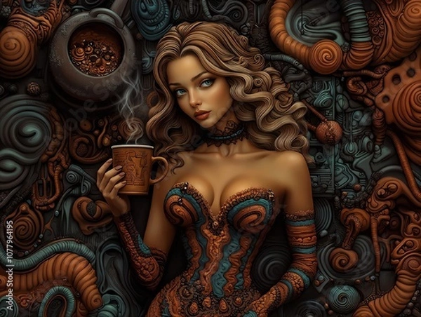 Fototapeta Fantasy Art of Woman Holding Coffee Cup in Steampunk Setting with Intricate Details