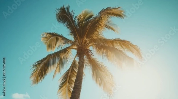 Fototapeta A tall palm tree with lush green leaves sways gently in the breeze against a bright blue sky. The sun shines brightly through the palm leaves, creating a warm and inviting atmosphere.