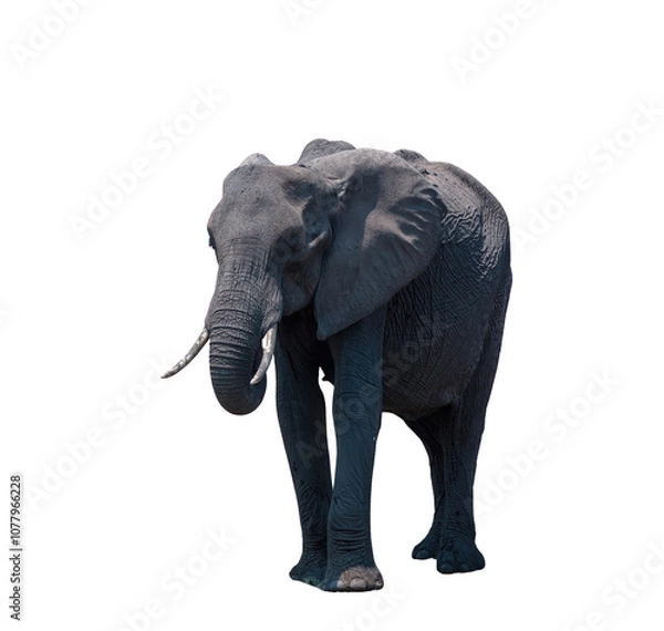Obraz African elephant isolated on white transparent, huge  safari animal with trunk