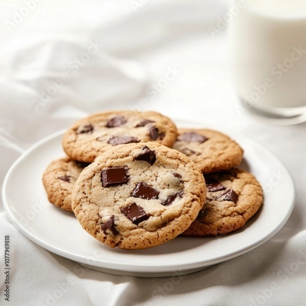 Fototapeta A freshly baked batch of chocolate chip cookies with gooey chocolate chunks, elegantly presented on a white plate, Cookies centered