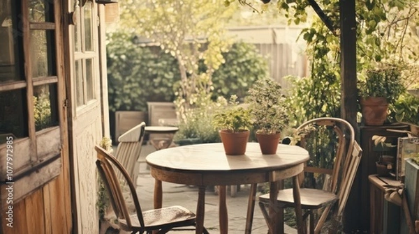 Fototapeta A charming patio table with two chairs, surrounded by lush greenery and sunlight.
