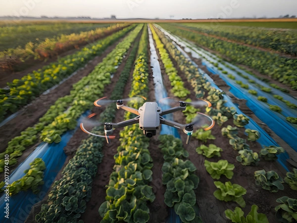 Fototapeta A drone flies over a well-organized vegetable farm, capturing data for precision agriculture