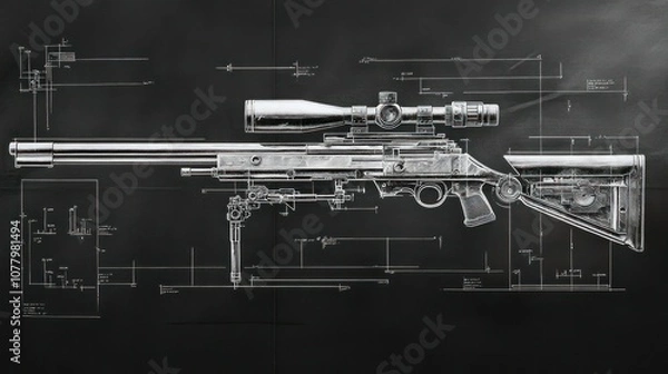 Fototapeta Blueprint of a sniper rifle's bolt-action system, showing the cocking mechanism, bolt carrier, and trigger system with fine details