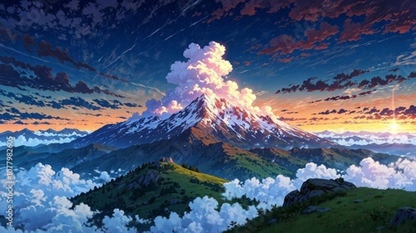 Obraz Majestic Mountain Range at Sunset in Anime Style