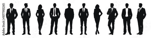 Fototapeta Business professionals in formal attire, vector illustration. Group of men and women in suits standing confidently, representing corporate and office settings.