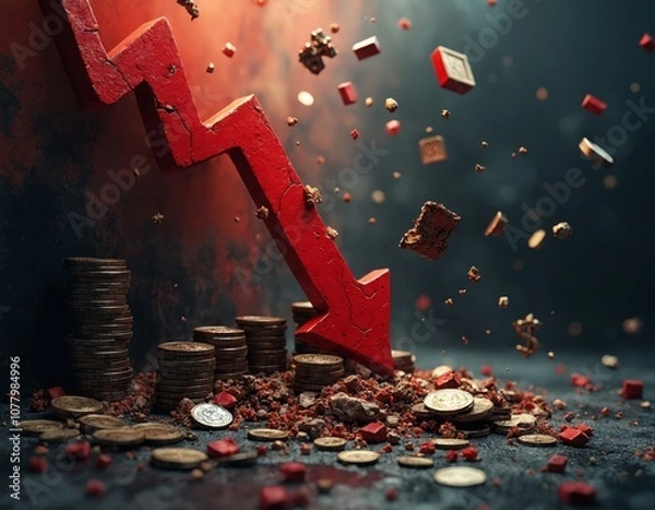 Obraz An abstract representation of global economic decline and crisis, with scattered coins and debris symbolizing financial loss, instability, and a downward trend in the world economy.