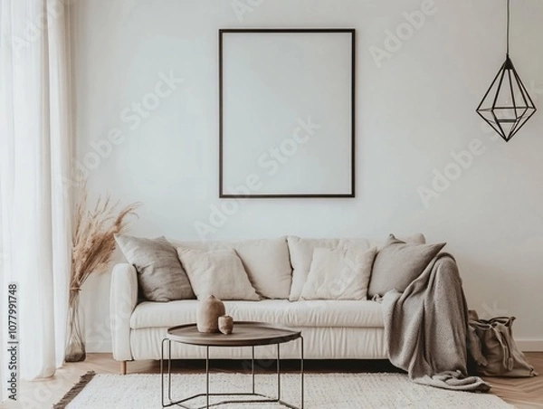 Fototapeta Minimalist Living Room Interior Design with White Sofa  Geometric Lamp  and Blank Canvas