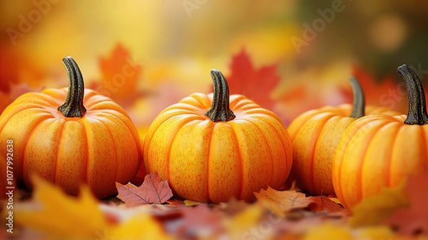 Obraz Close-up of pumpkins and autumn leaves, showcasing the beauty of the fall season in the background
