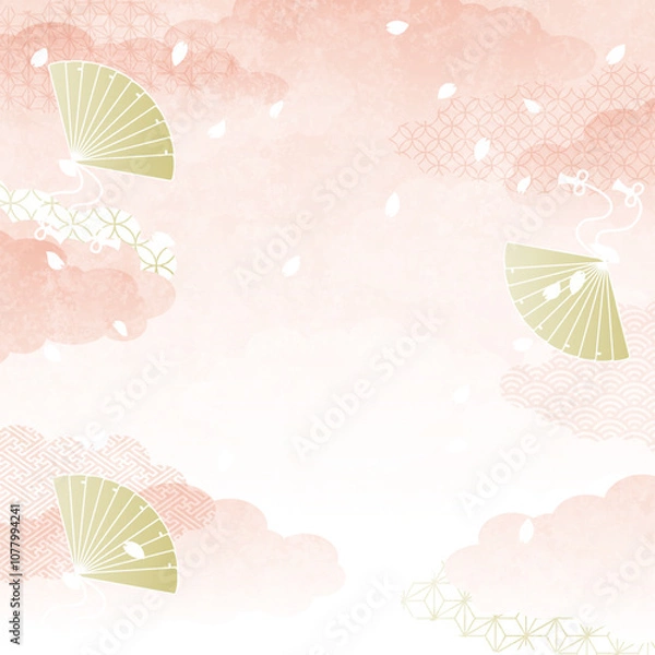 Fototapeta ピンクの雲と金の扇、舞い散る桜吹雪の和風背景ベクターイラスト　正方形