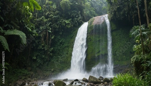 Fototapeta cascading waterfall in a tropical rainforest, powerful and refreshing