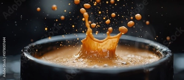 Fototapeta Close-up of a coffee splash in a black mug with droplets of coffee flying in the air.