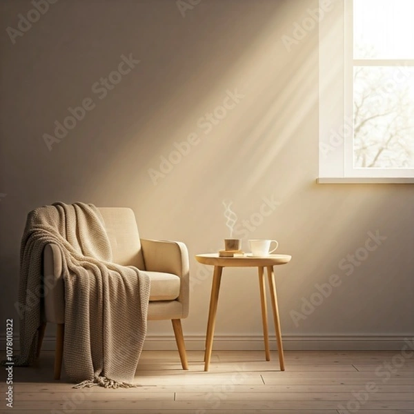 Fototapeta cozy living room with armchair, side table, throw blanket, and a steaming cup of coffee near the window on a sunny day.