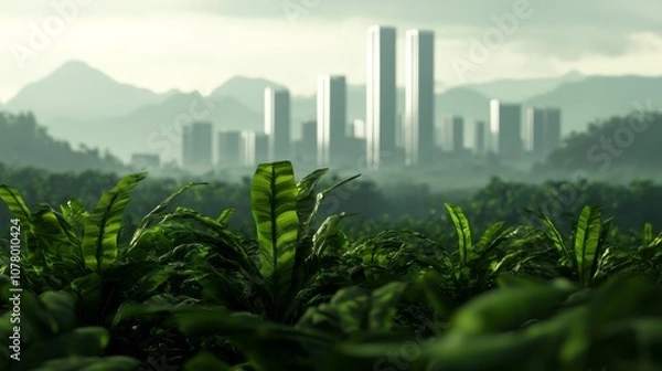 Fototapeta Cityscape in the Distance with Lush Greenery in the Foreground.