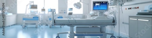 Fototapeta Modern hospital room with advanced medical equipment and empty b