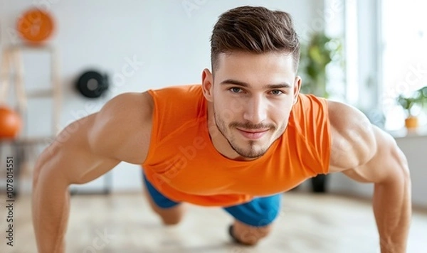 Fototapeta A fit young man in an orange tank top performs push-ups in a bright, spacious gym, emphasizing strength and fitness.  home workout and bodyweight.
