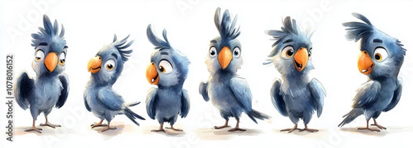 Fototapeta A group of playful cartoon cockatoos with bright orange and yellow crest feathers showcases different poses and expressions on a plain white background, conveying a sense of personality and charm.
