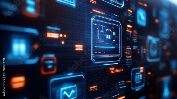 Obraz Diverse network nodes, holographic interface, advanced tech background