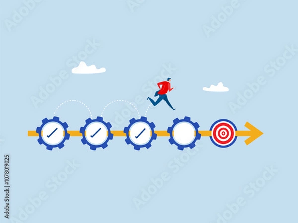 Fototapeta Goal tracker Task completion entering check mark concept,Businessman jumping project manager  to check completed tasks in project management timeline.