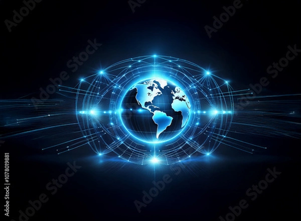 Fototapeta A glowing blue globe is surrounded by a network of interconnected lines and glowing points on a dark background.