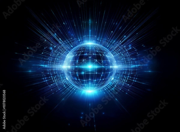 Obraz A glowing blue sphere in the center of a dark background emits light streaks outward.