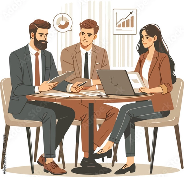 Fototapeta Partners meeting for business discussion with documents and laptop on desk. Couple at round table, speaking, discussing work, partnership. Flat vector on a white background