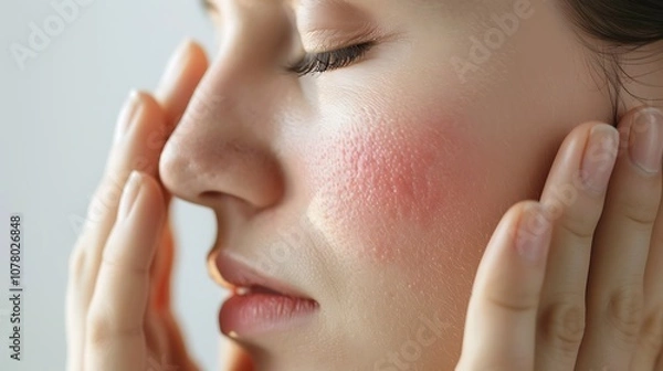 Fototapeta A close-up of a woman gently touching her nose with a noticeable red spot, emphasizing skincare, sensitivity, or health concerns in a clean and minimalistic background.