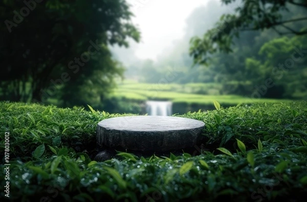 Fototapeta stone round podium stage with river stream and blurry green tea field in the background