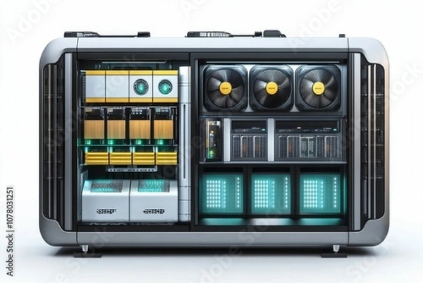 Obraz A futuristic server rack with cooling fans and lights.